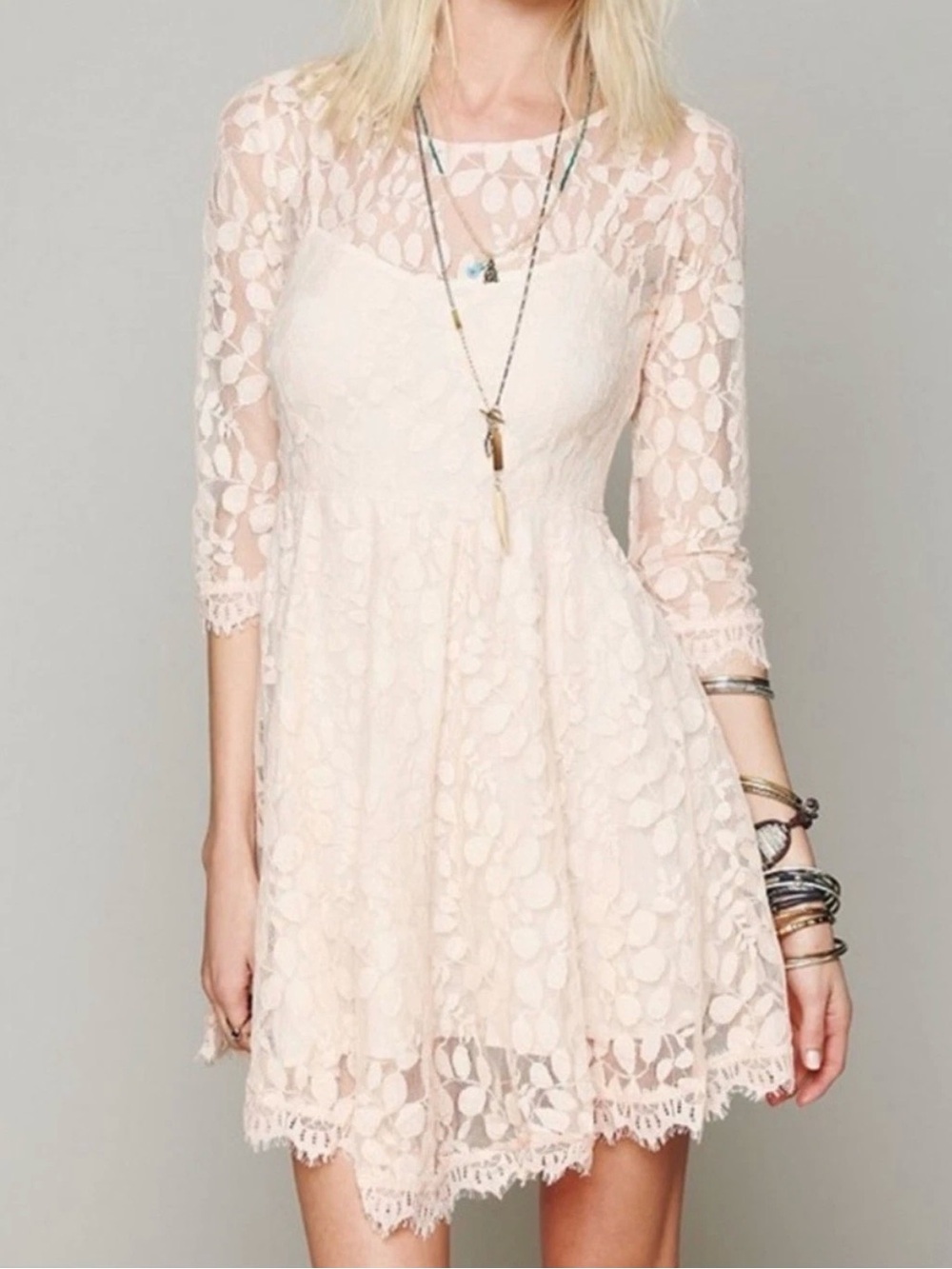 Free People Floral Mesh Lace Skater Dress Peach Pink Size 8